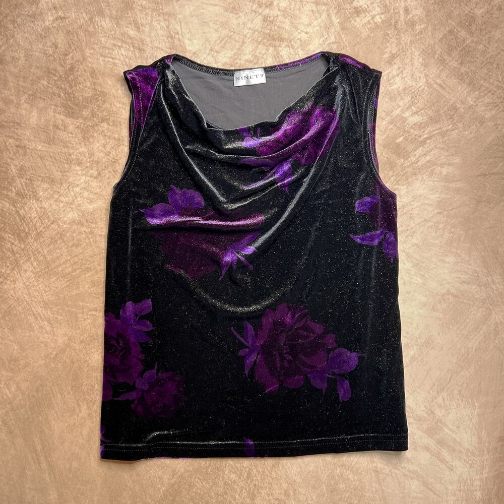 Vintage 90s Ninety Floral Metallic Sleeveless Cowl Neck Velour Top Whimsigoth